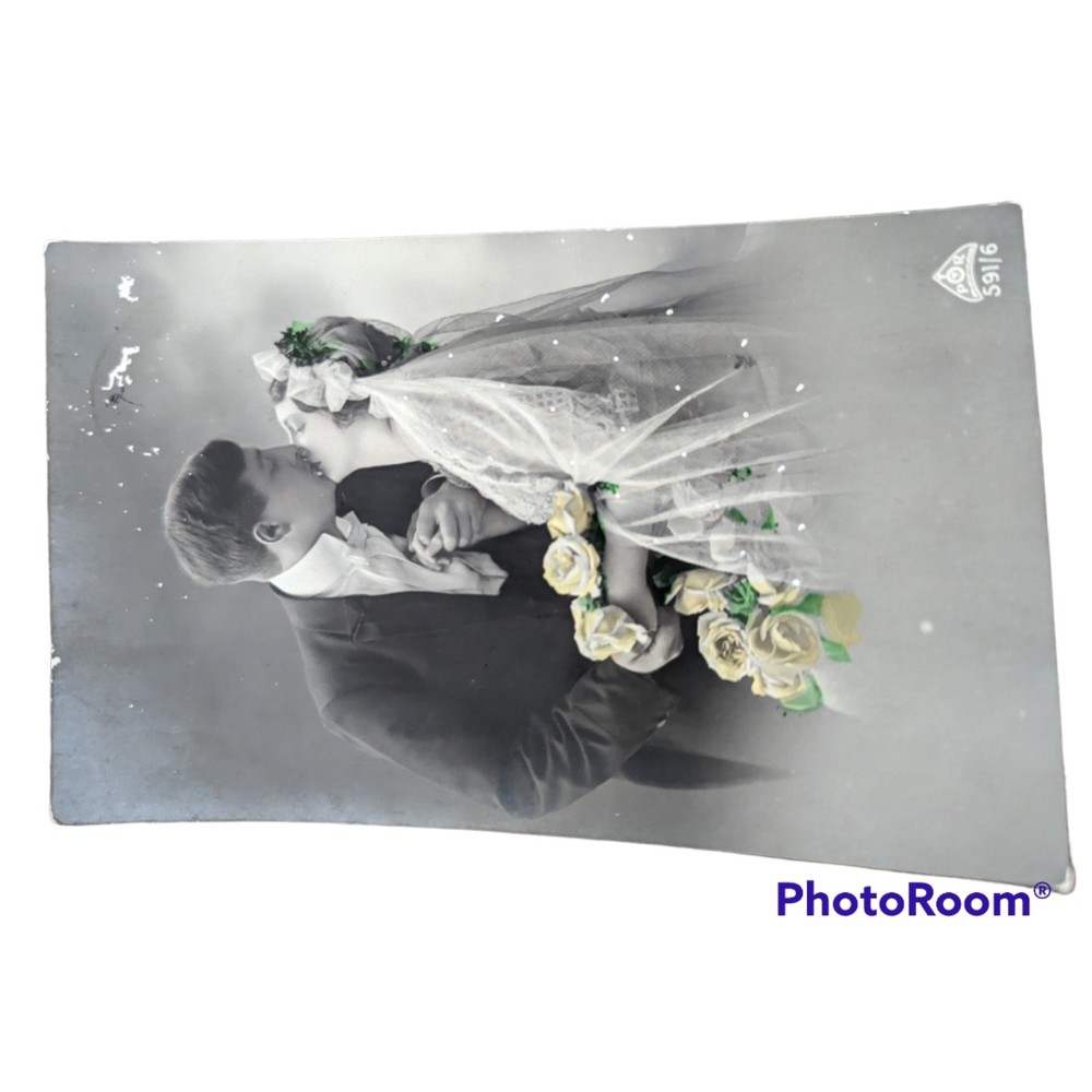 Real Photo Postcard Vintage 1919 RPPC Wedding Kiss Marriage Couple Small Art